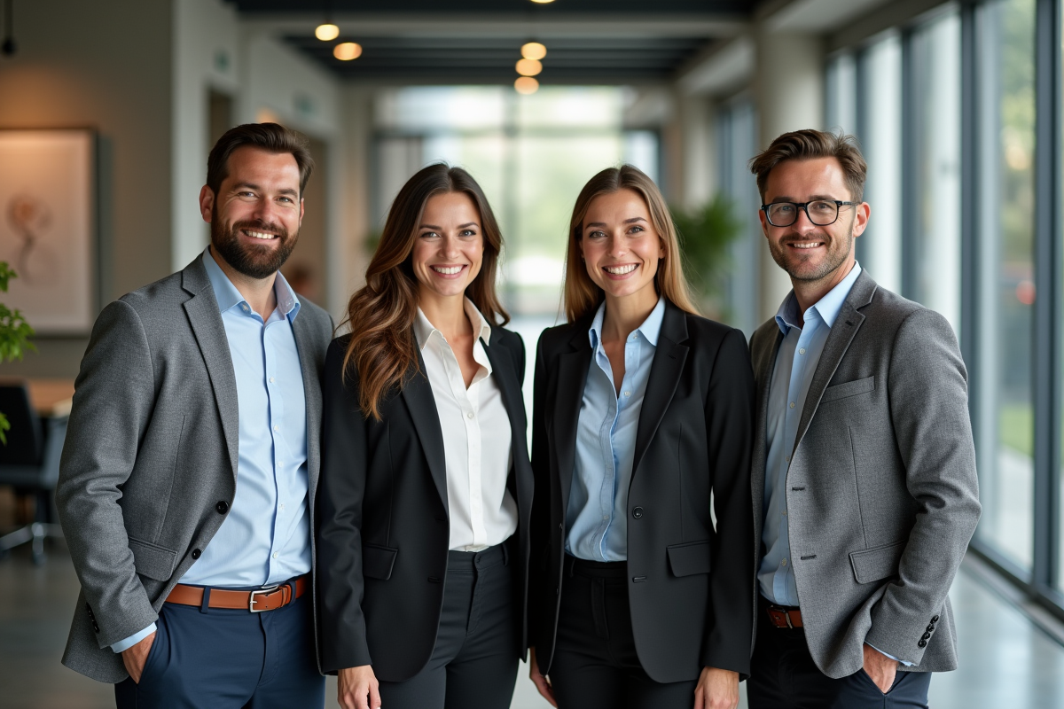 Quatre collègues souriants dans un hall d