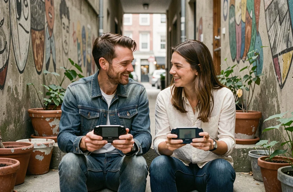 Deux adultes comparant leurs PSP Go Sony assis sur des marches en béton dans une cour urbaine
