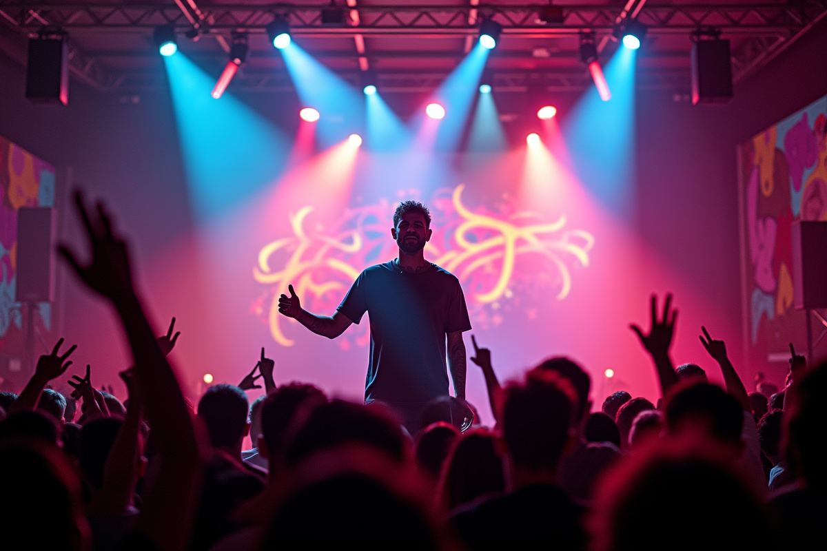 Tovaritch en concert avec public et graffiti urbain en arrière-plan