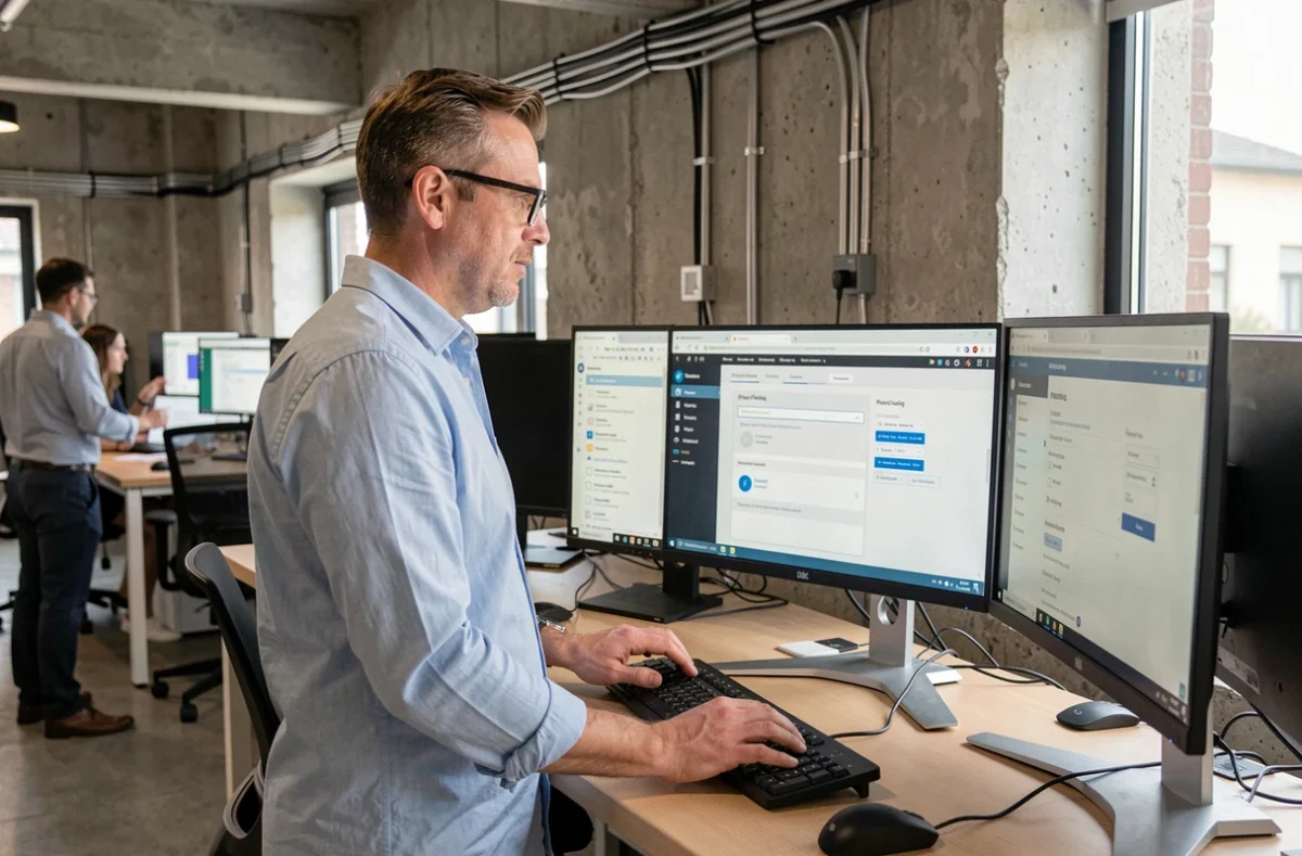 Professionnel configurant les paramètres de confidentialité et de sécurité sur un ordinateur en environnement de bureau moderne