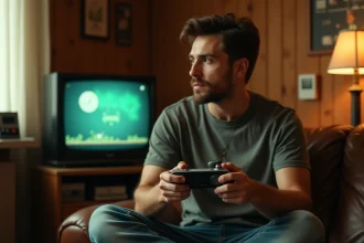 Homme jouant à une console de jeux rétro sur un canapé en cuir devant une télévision CRT avec des cartouches de jeux vintage en arrière-plan