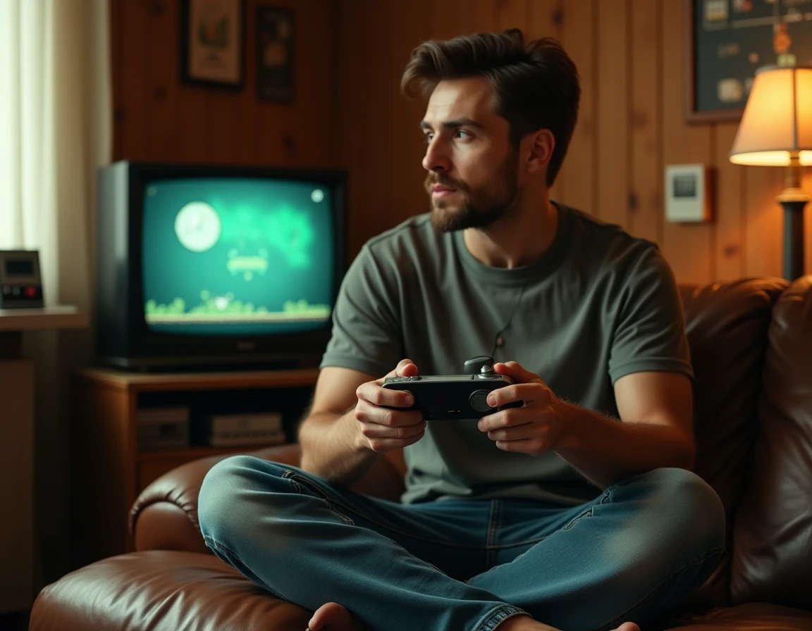 Homme jouant à une console de jeux rétro sur un canapé en cuir devant une télévision CRT avec des cartouches de jeux vintage en arrière-plan