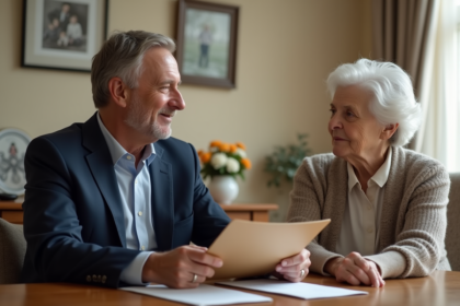 Homme en costume bleu discute avec une femme âgée