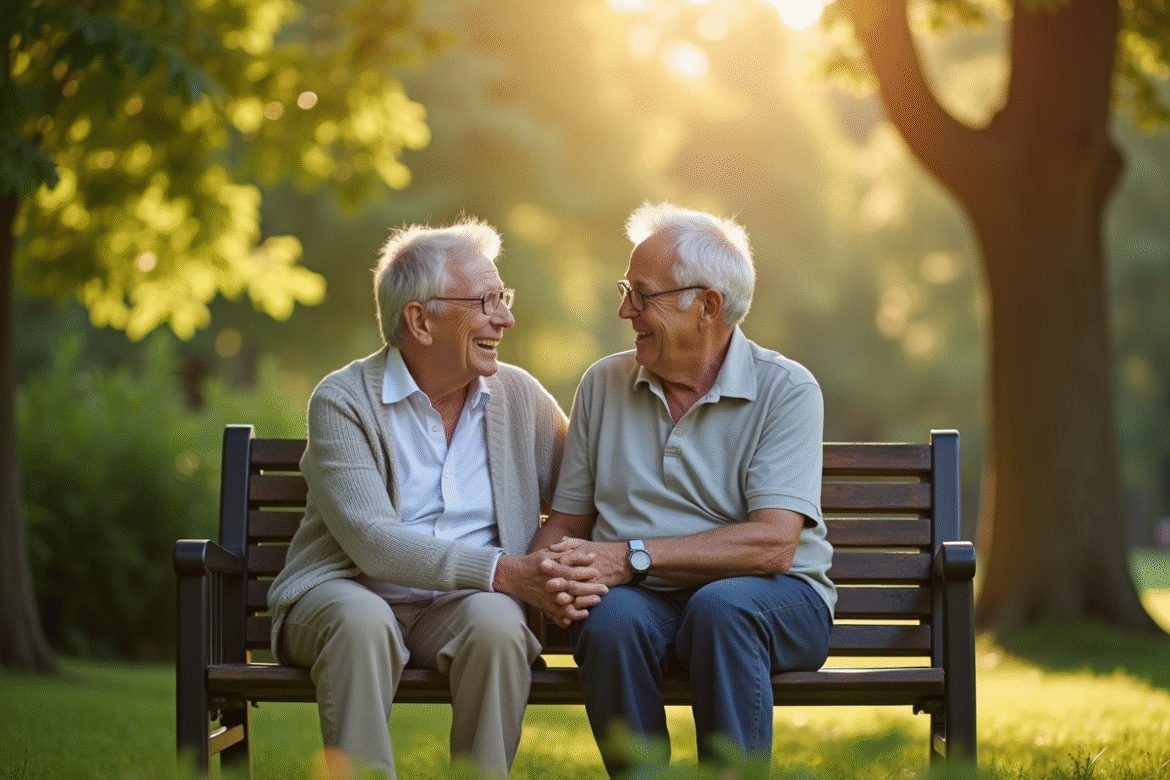 Couple de seniors souriants assis sur un banc dans un parc