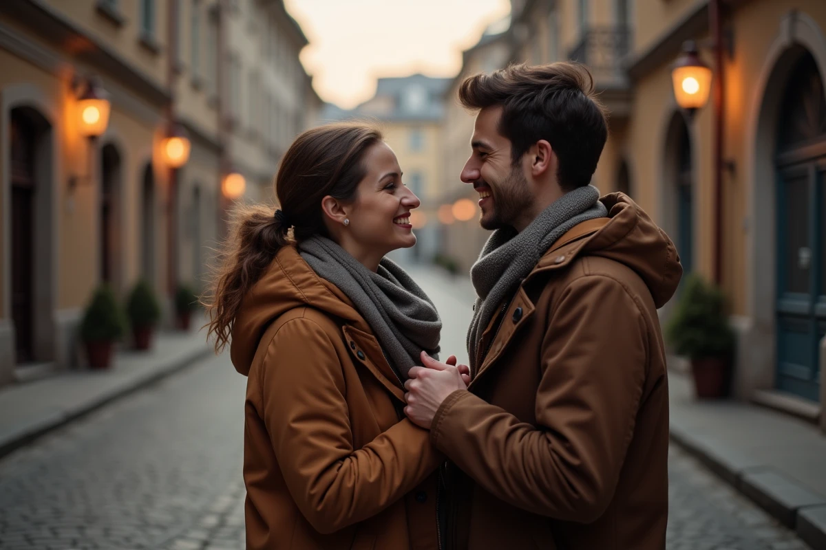 Couple complice au lever du soleil dans une rue pavée, illustrant la transformation profonde des sentiments amoureux liée au nombre 05h55