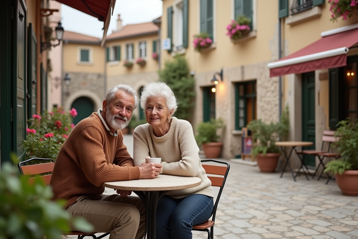 Vieux couple assis dans un café de village en France