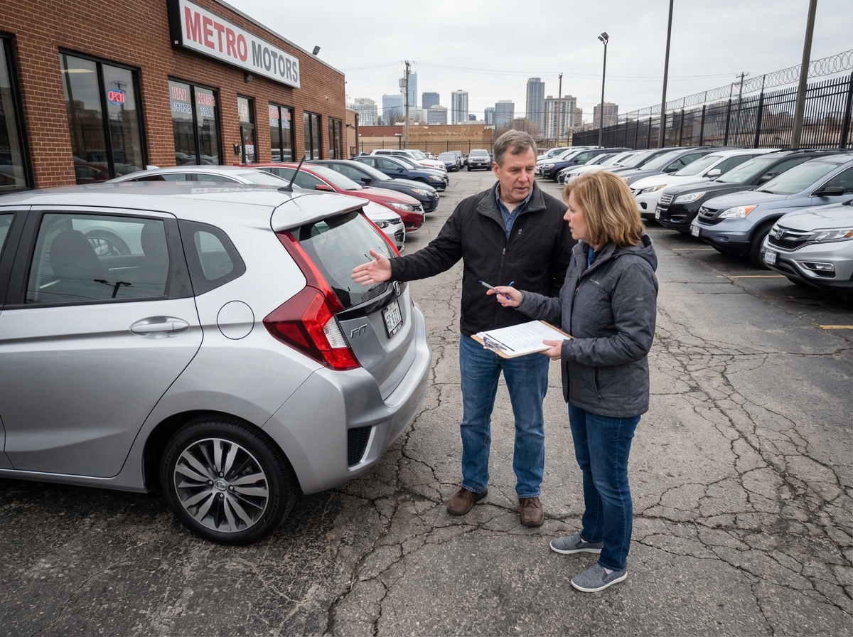 Couple discutant devant une voiture d
