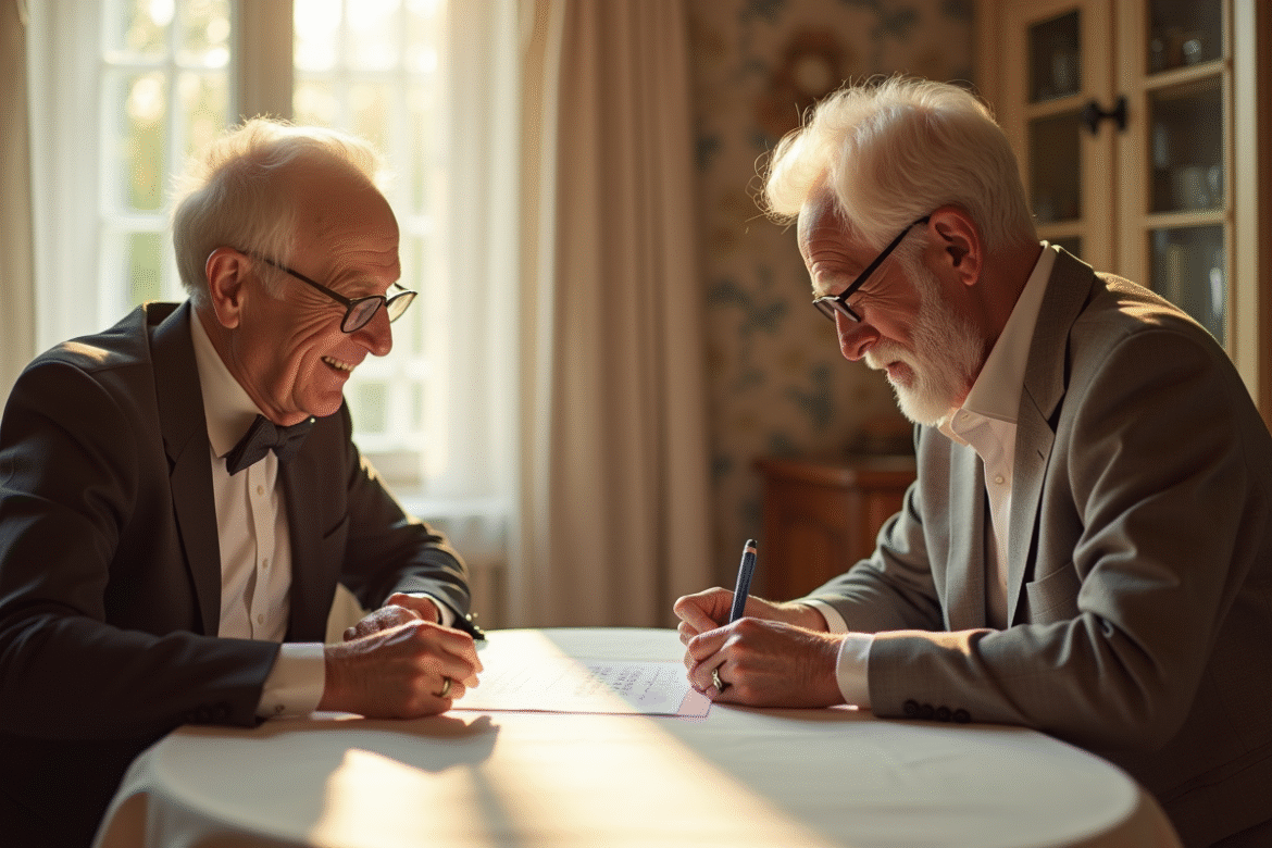 Couple agee elegant lisant une liste d invités