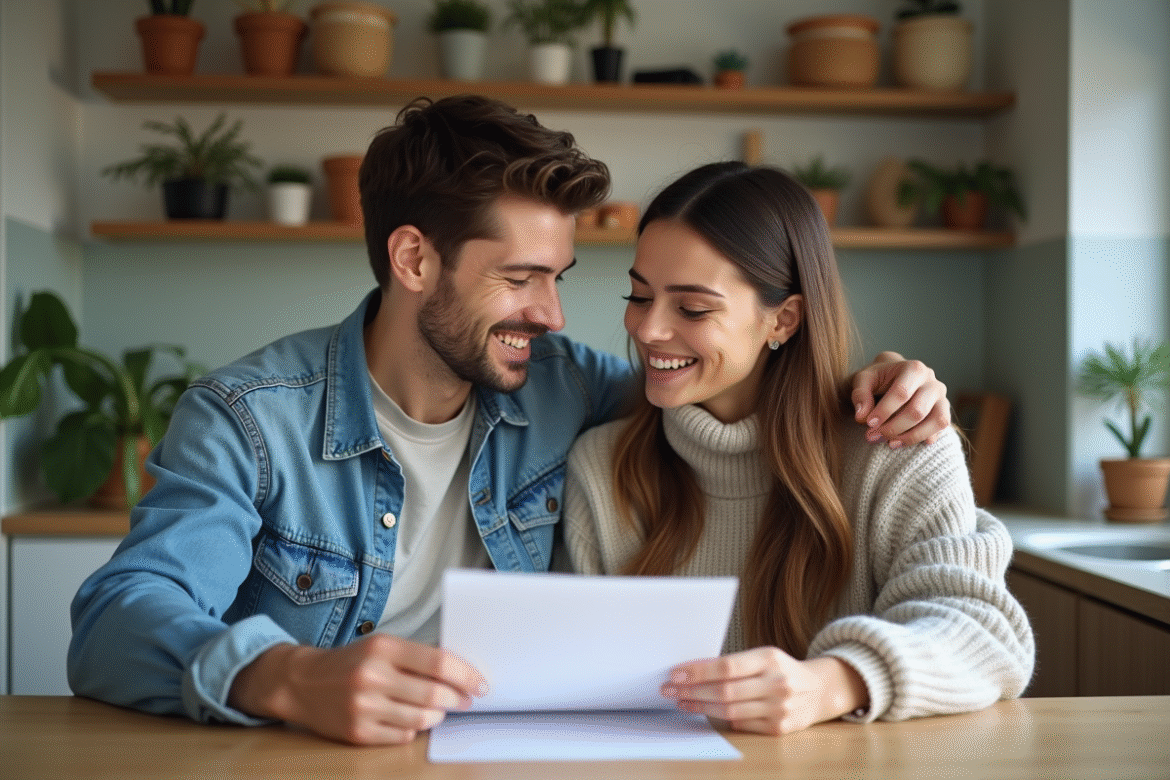 Jeune couple souriant en lisant un contrat de location dans un appartement moderne