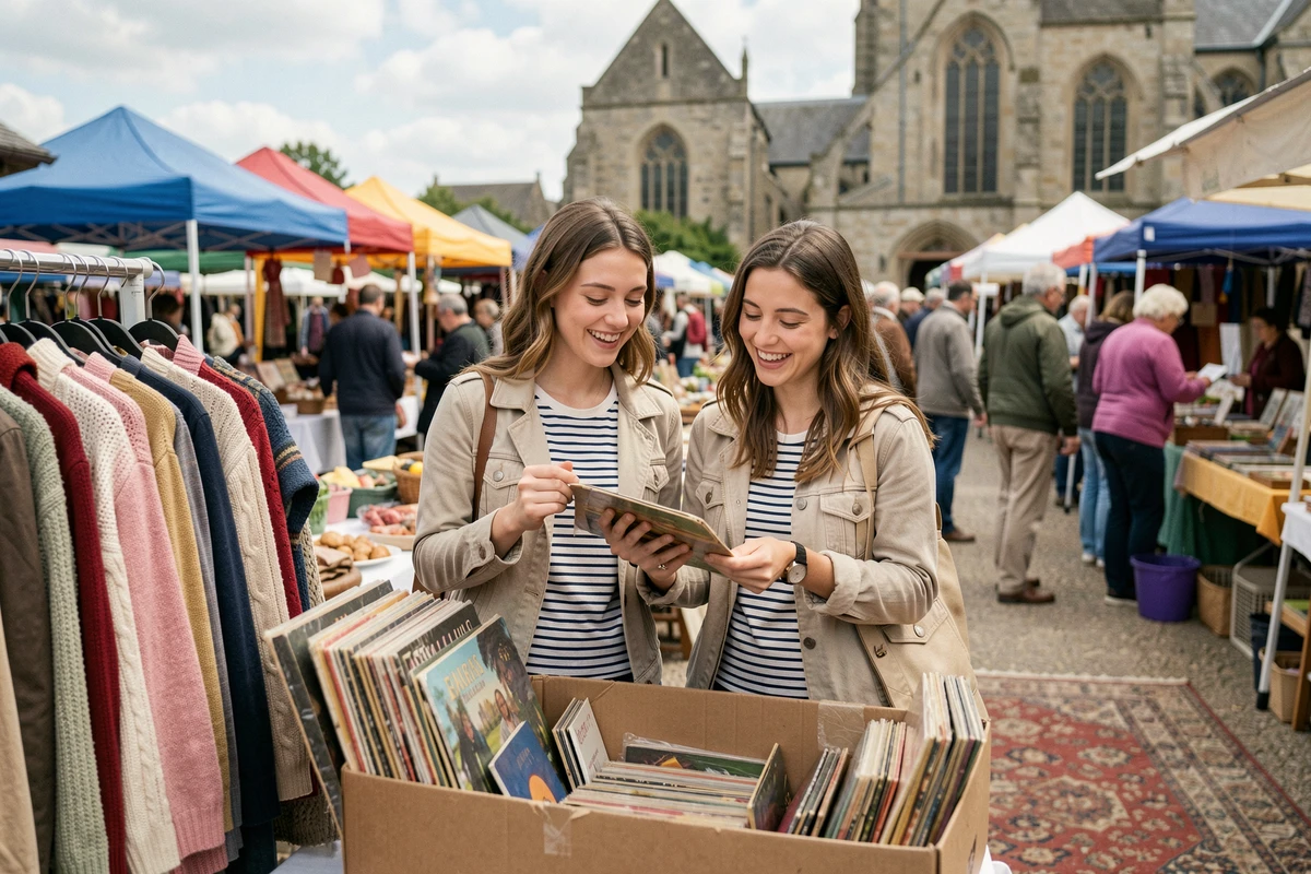Couple de jeunes adultes fouillant des vêtements vintage et des vinyles lors d'un vide grenier en Auvergne