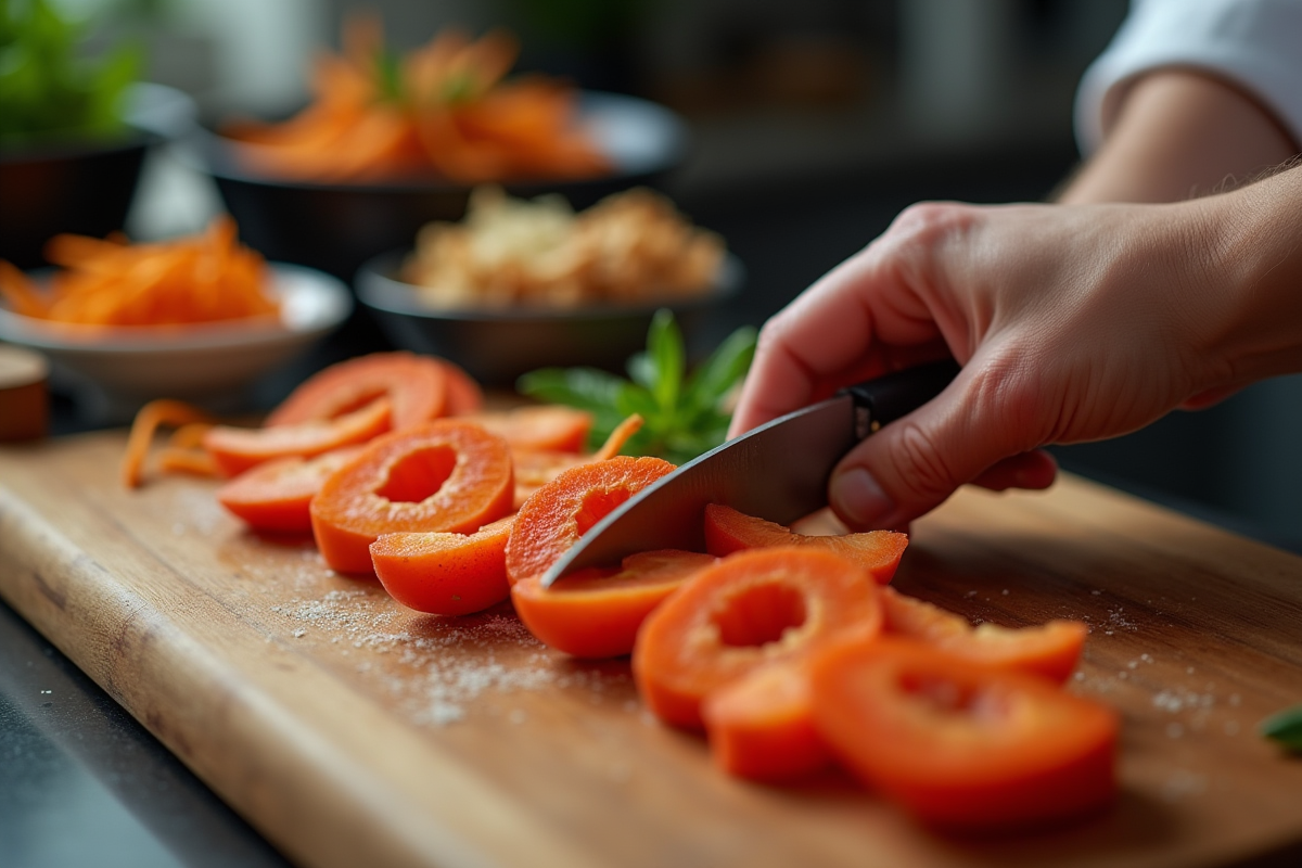 Un chef coupe des jujubes mûrs sur une planche avec plats en jujube en arrière-plan