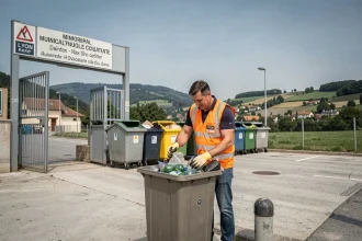 Déchetterie municipale en milieu rural avec agent de tri portant un gilet orange, bennes de recyclage organisées et collines verdoyantes en arrière-plan