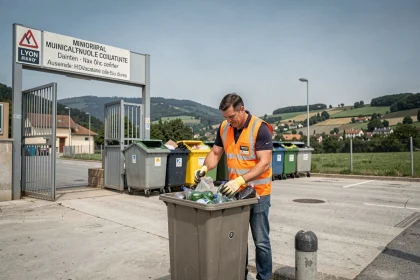 Déchetterie municipale en milieu rural avec agent de tri portant un gilet orange, bennes de recyclage organisées et collines verdoyantes en arrière-plan