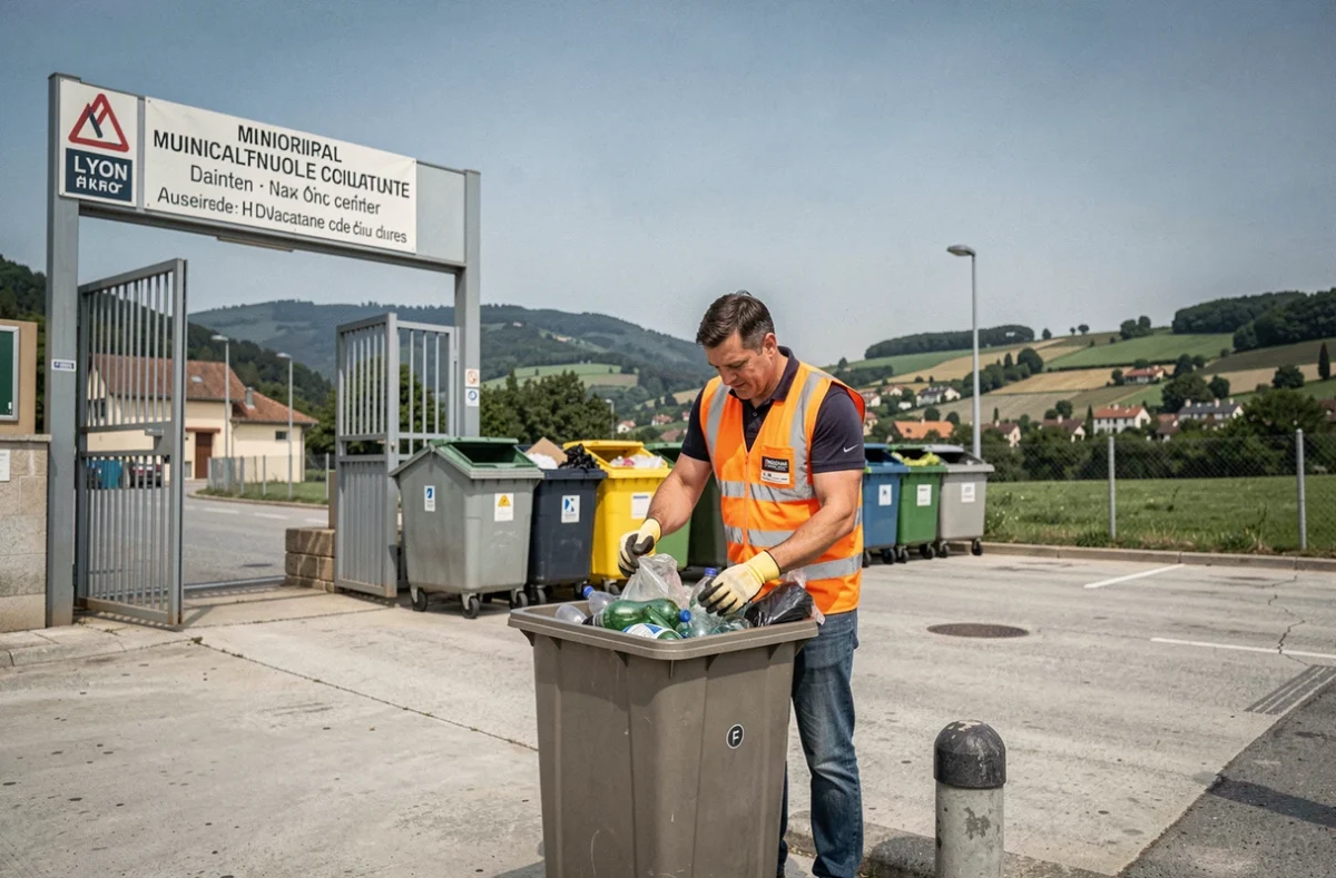 Déchetterie municipale en milieu rural avec agent de tri portant un gilet orange, bennes de recyclage organisées et collines verdoyantes en arrière-plan