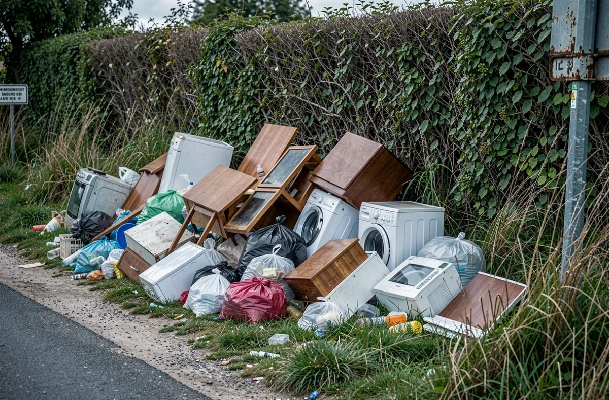 Dépôt sauvage de déchets au bord d'une route rurale française avec meubles cassés, sacs plastiques et électroménager abandonnés près d'une haie