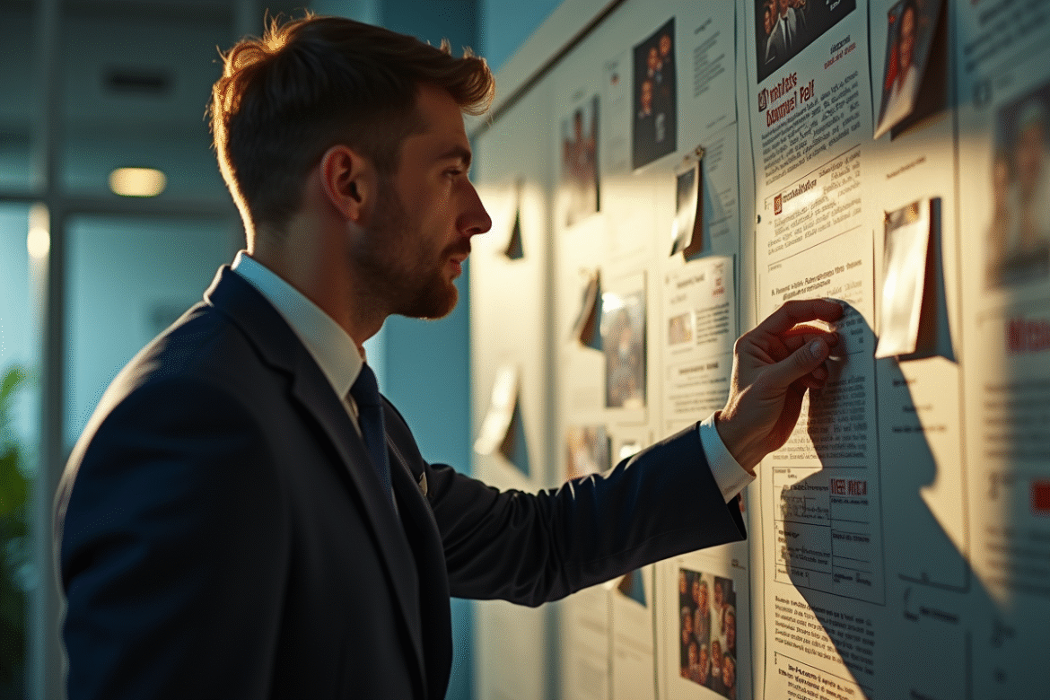 Détective examinant un tableau d'enquête dans un bureau lumineux