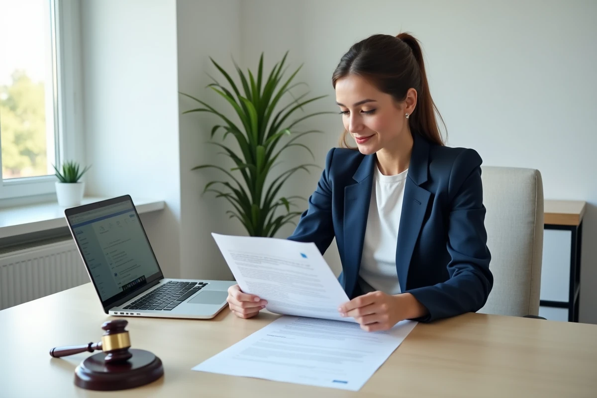 Femme professionnelle analysant des documents juridiques sur le droit d'auteur numérique lié aux mangas, représentant les enjeux légaux des plateformes illégales