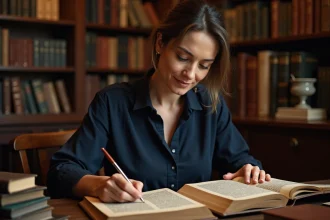 Femme comparant un manuscrit latin et un dictionnaire français moderne dans une bibliothèque