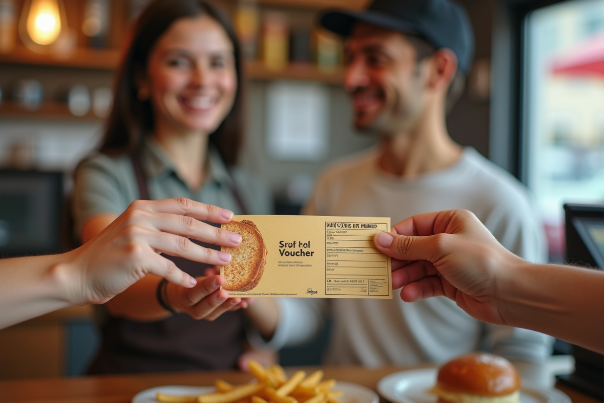 Main échangeant un ticket repas devant un comptoir de restauration rapide