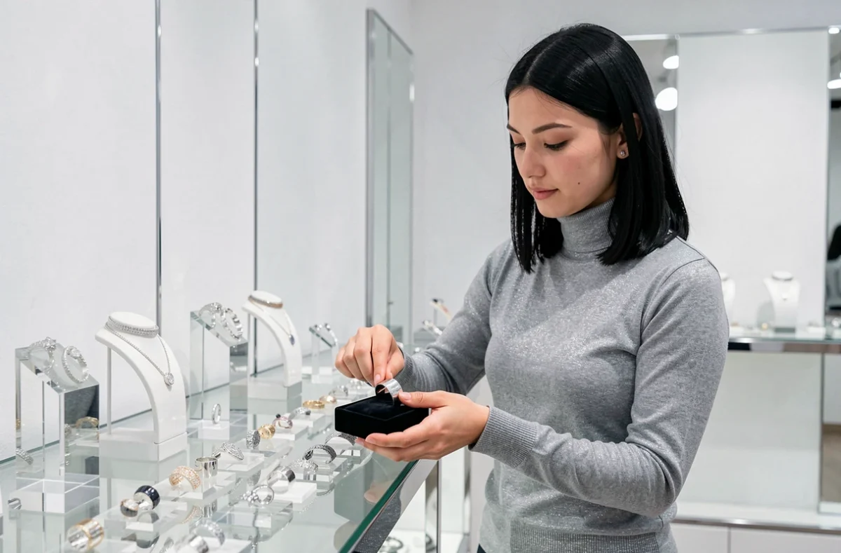 Boutique Éclipse d'Argent à Rennes présentant une collection de bijoux en argent sterling sur des présentoirs acryliques avec une vendeuse emballant un bracelet