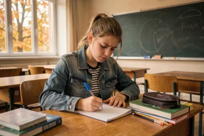 Adolescente qui écrit un poème dans un cahier en classe lors de la rentrée scolaire