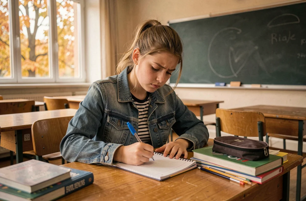 Adolescente qui écrit un poème dans un cahier en classe lors de la rentrée scolaire
