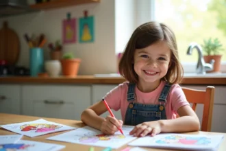 Fille souriante de six ans coloriant une princesse de conte