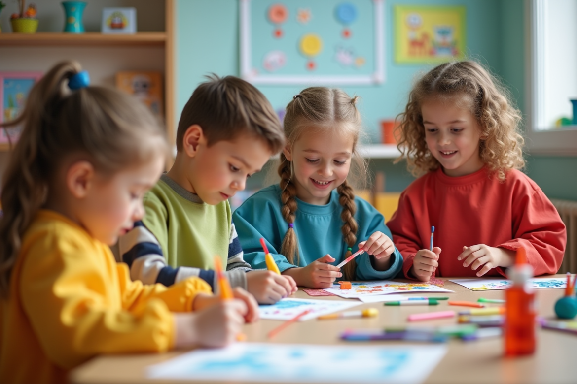 Groupe d'enfants de 4 ans en activité créative en classe