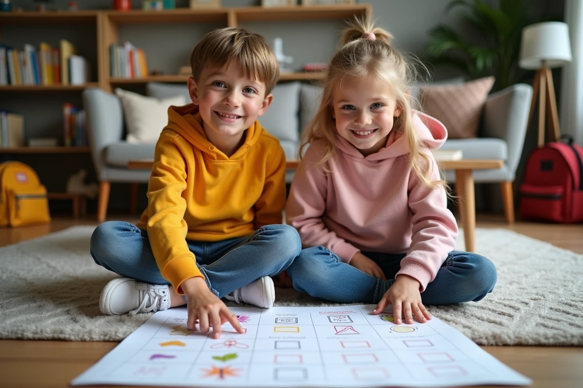 Enfants consultant un planning de semaines paires affiché dans le salon familial pour la garde alternée 2026