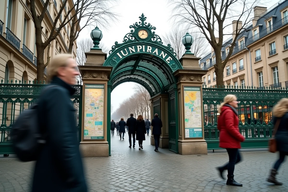 Entrée de station de métro parisienne avec panneau du plan ligne 10 et passants en mouvement sur le boulevard