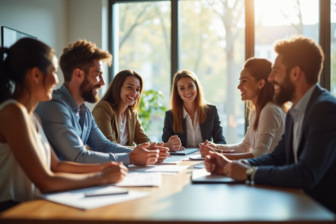 Groupe de professionnels collaborant dans un bureau lumineux