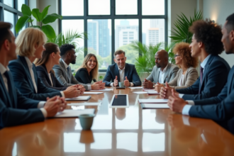 Groupe de professionnels en réunion dans un bureau moderne