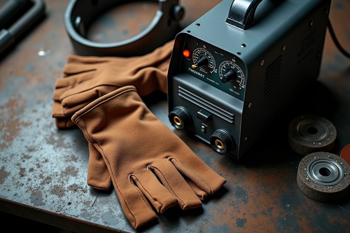 Équipements professionnels de soudure MIG posés sur un établi métallique incluant poste à souder, gants et disques de meulage