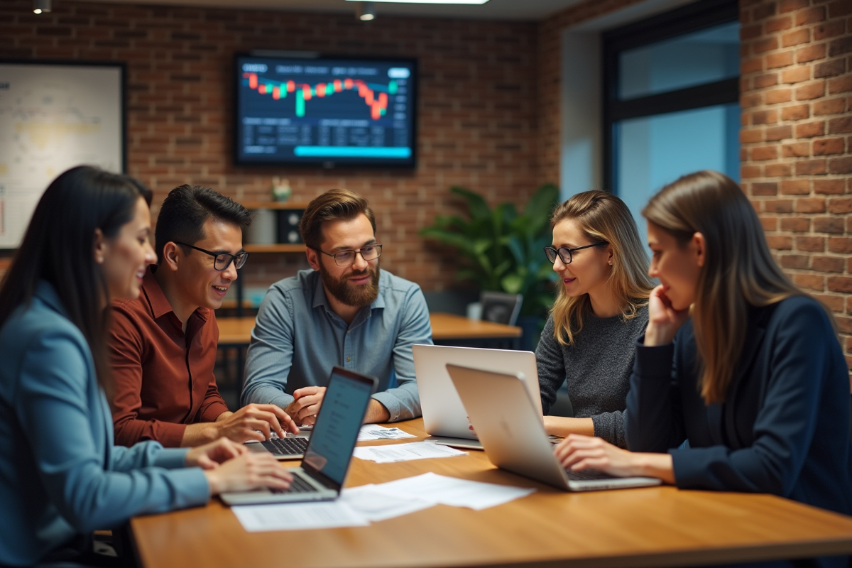 Jeune equipe de professionnels en coworking avec documents financiers
