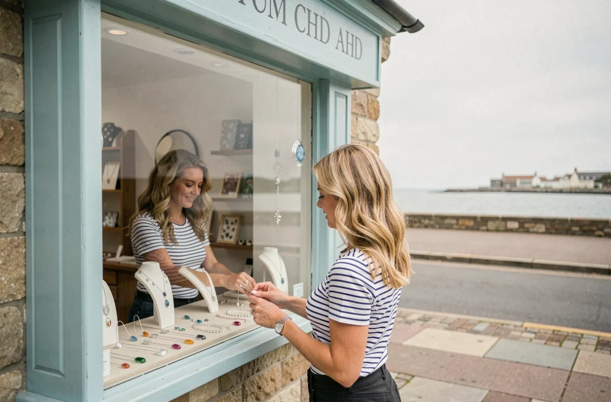 Devanture de la bijouterie Esperluette à Dinard avec une vitrine de bijoux argent et pierres colorées sur fond de promenade maritime