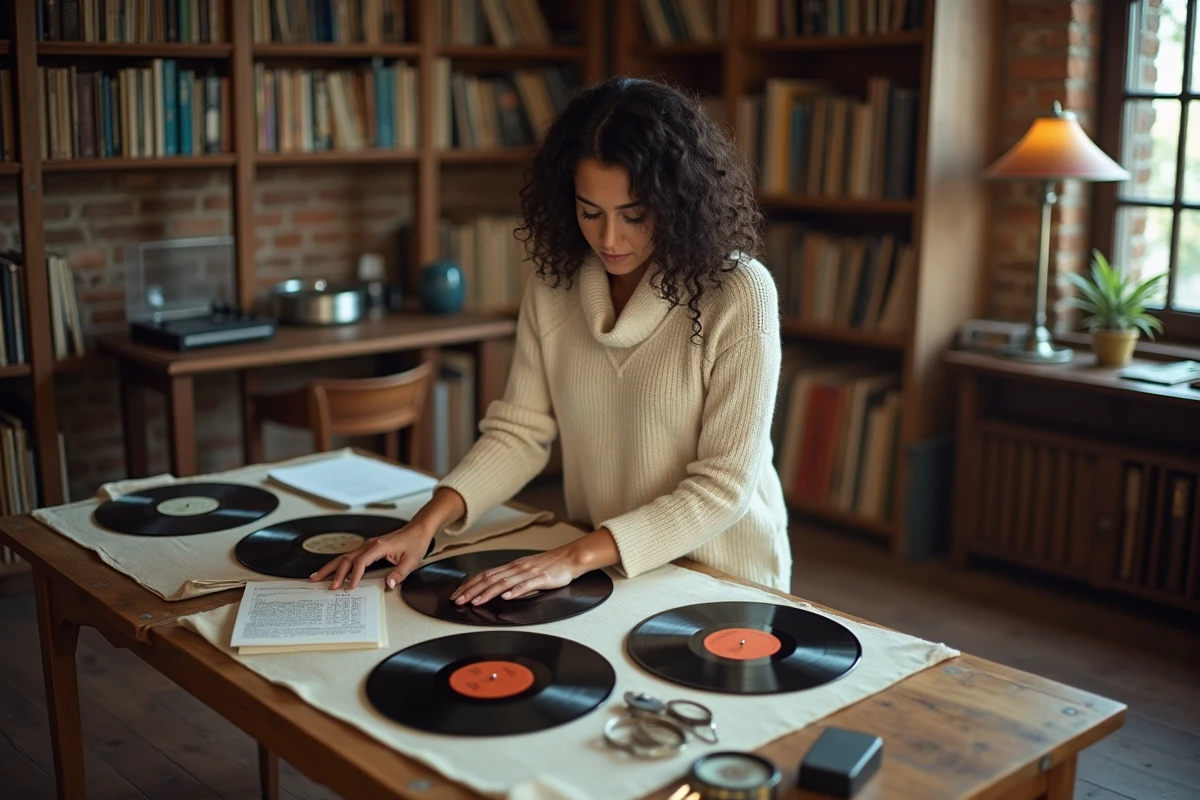 Femme évaluant la valeur de disques vinyles rares sur une table en bois avec des outils d'estimation