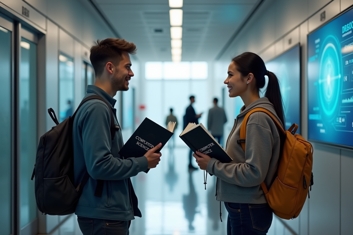 Deux étudiants discutant dans un couloir universitaire avec livres et affichages