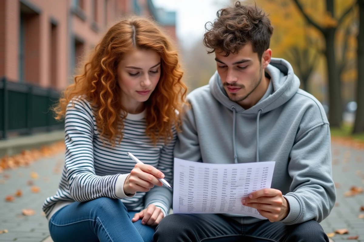 Deux étudiants révisant une feuille de grammaire française ensemble sur un banc de campus en automne