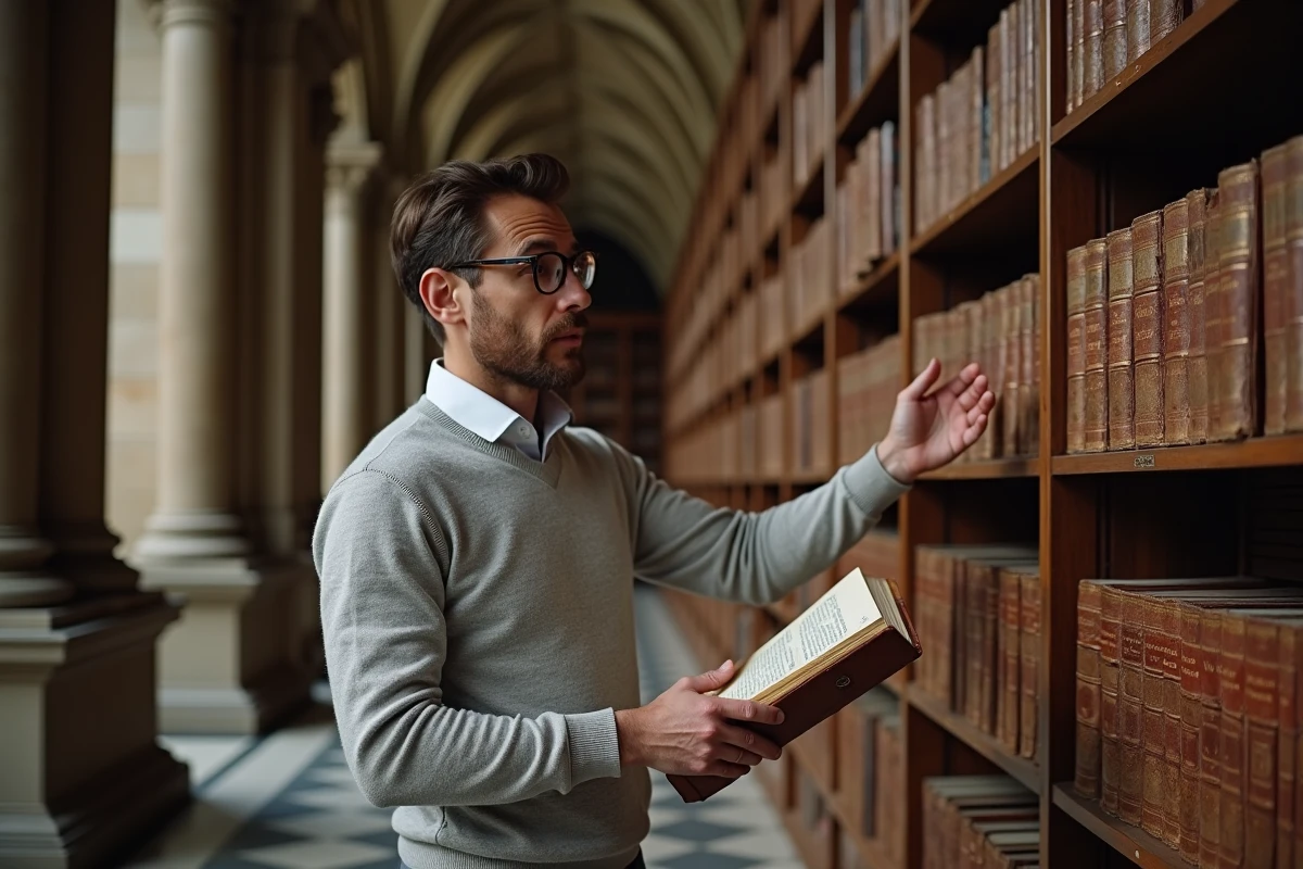 Chercheur consultant des ouvrages étymologiques dans une bibliothèque universitaire ancienne