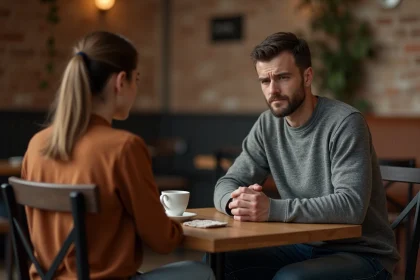 Un homme s'excuse sincèrement auprès d'une femme dans un café après une blague gênante