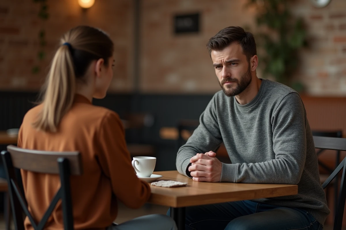 Un homme s'excuse sincèrement auprès d'une femme dans un café après une blague gênante
