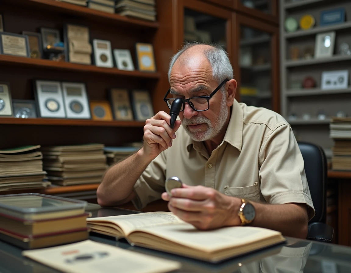 Numismate expert examinant une pièce de 2 euros rare à la loupe dans une boutique de monnaies anciennes