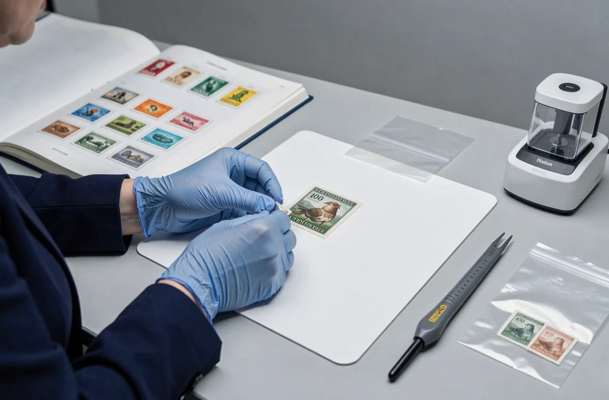 Mains gantées d'une experte saisissant un timbre rare avec une pince philatélique sur un tapis d'expertise blanc