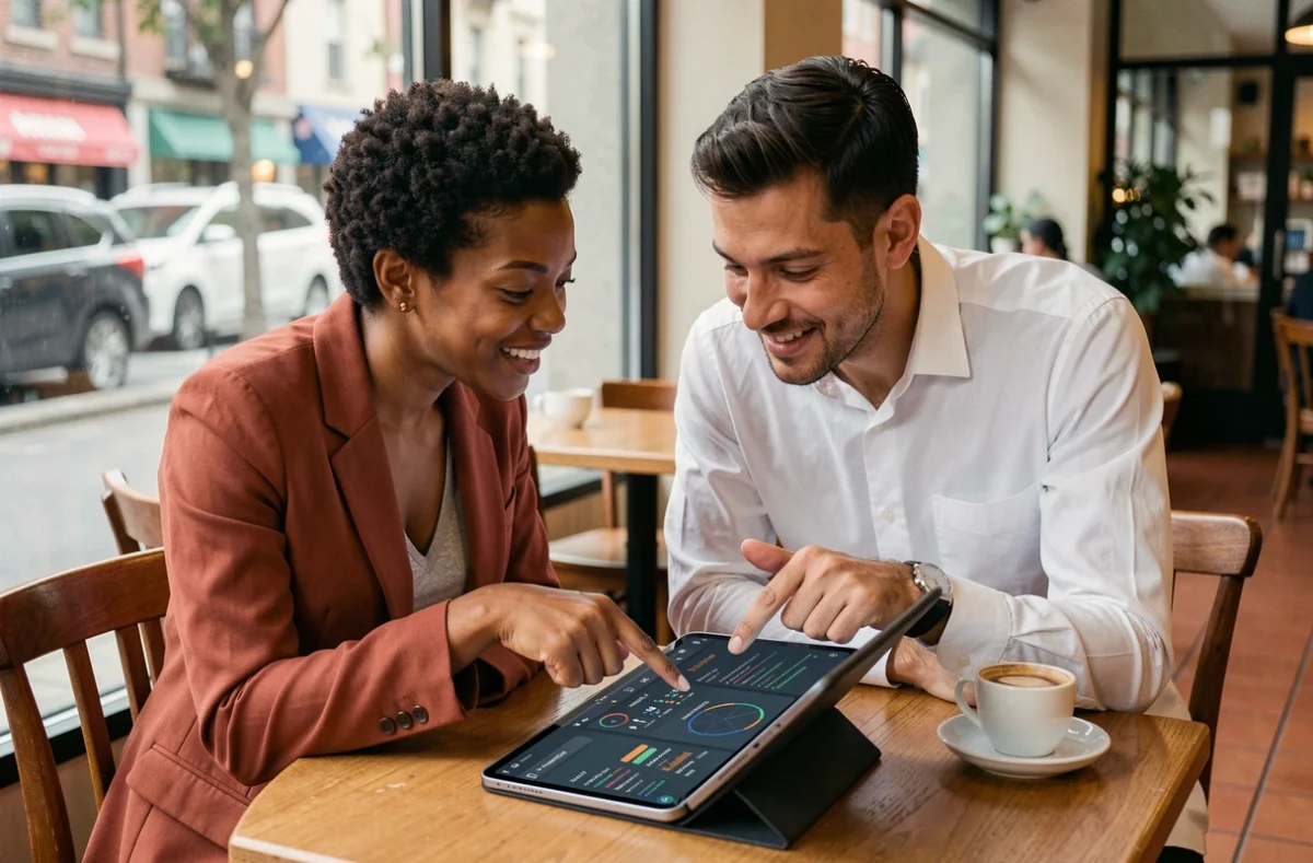 Deux collègues explorant ensemble un tableau de bord complexe sur tablette dans un café urbain