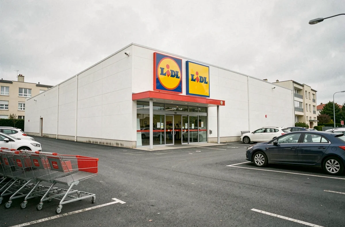 Façade extérieure d'un supermarché Lidl avec parking en zone périurbaine française
