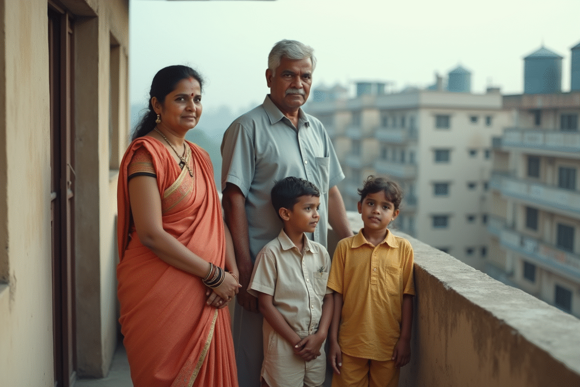 Famille indienne sur le balcon d'un appartement urbain