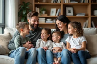 Famille recomposée souriante dans un salon chaleureux