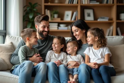 Famille recomposée souriante dans un salon chaleureux