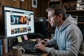 Fan de haute définition nostalgique devant un écran affichant un blog média HD dans un bureau à domicile