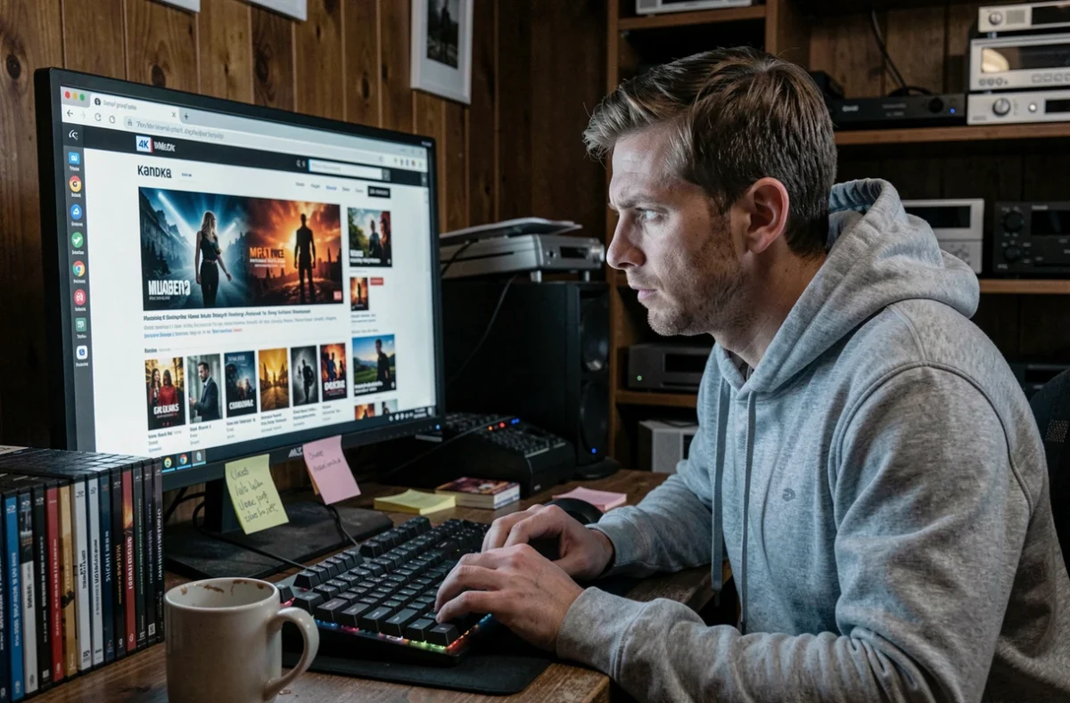 Fan de haute définition nostalgique devant un écran affichant un blog média HD dans un bureau à domicile